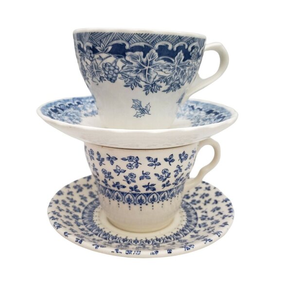 Blue and White Lot of 2 Ceramic Tea Cups and Saucers Made in England / Columbia - Picture 1 of 8